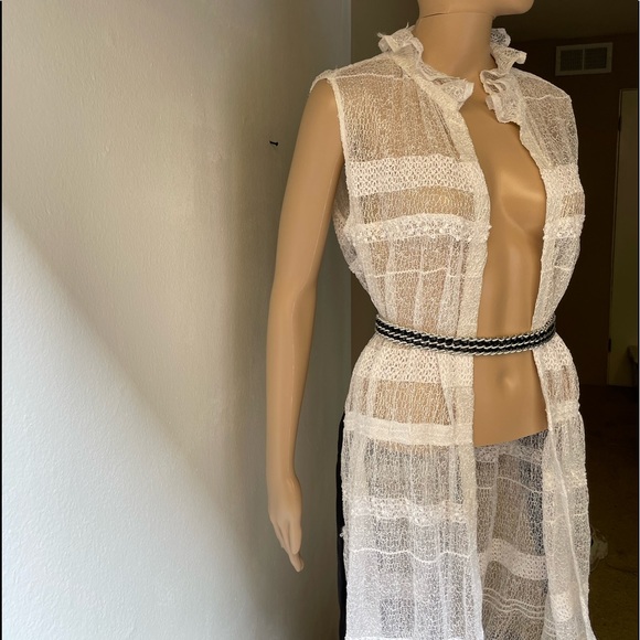 White lace sequined detail ruffled neck  cover up overall long dress OS - Picture 7 of 15